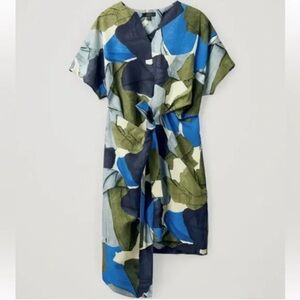 COS Abstract Print Blue and Green Dress faux wrap 4
